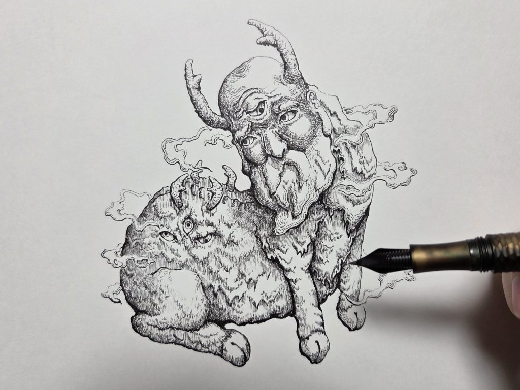 妖怪画家洋伯が万年筆で描く妖怪白澤の線画イラスト制作の様子【完成】
