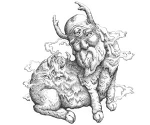 妖怪画家洋伯が万年筆で描いた妖怪白澤の線画イラスト