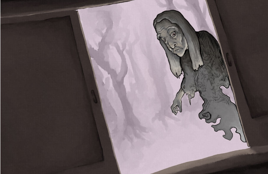 妖怪画家ヨハクがデジタルで描いた家の外から中の様子を確認する貧乏神の妖怪イラスト