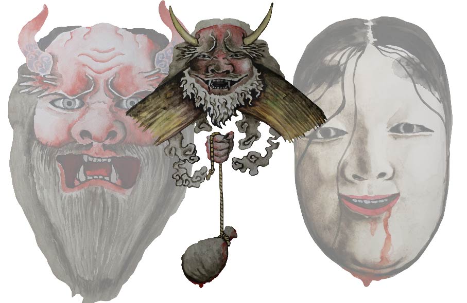 妖怪画家ヨハクが描いた鬼と怖いおかめが後ろにいて手前に体のない鬼のイラスト