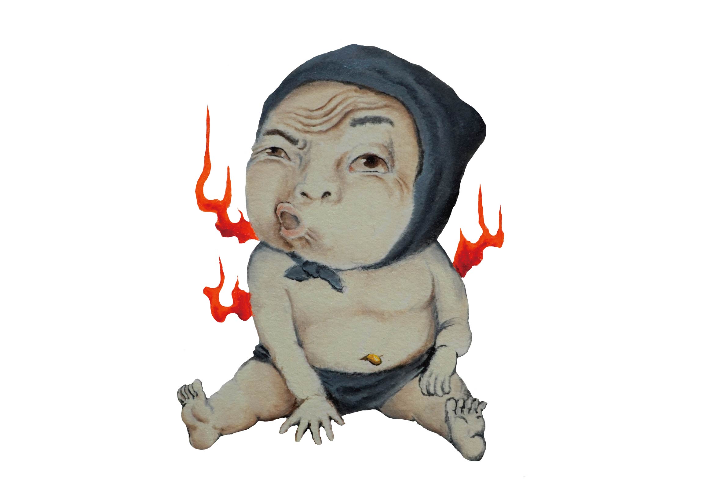 妖怪画家ヨハクが油絵具で描いた顔がゆがんでおへそから金の粒が出て背中から火が出ている妖怪ひょうとくのイラスト