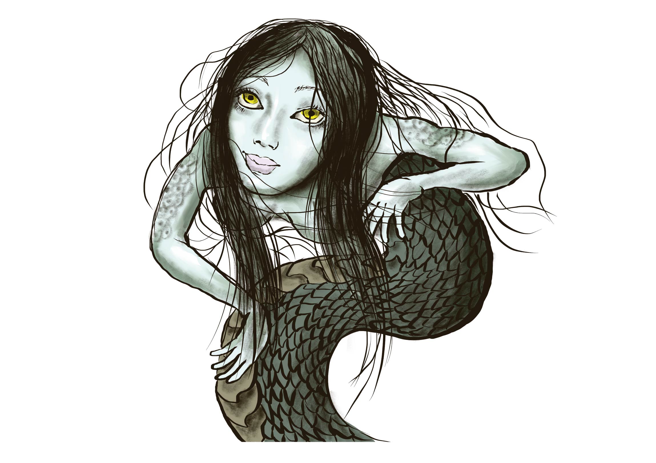 妖怪画家ヨハクがデジタルで描いた妖怪図鑑用の妖怪磯女のイラスト