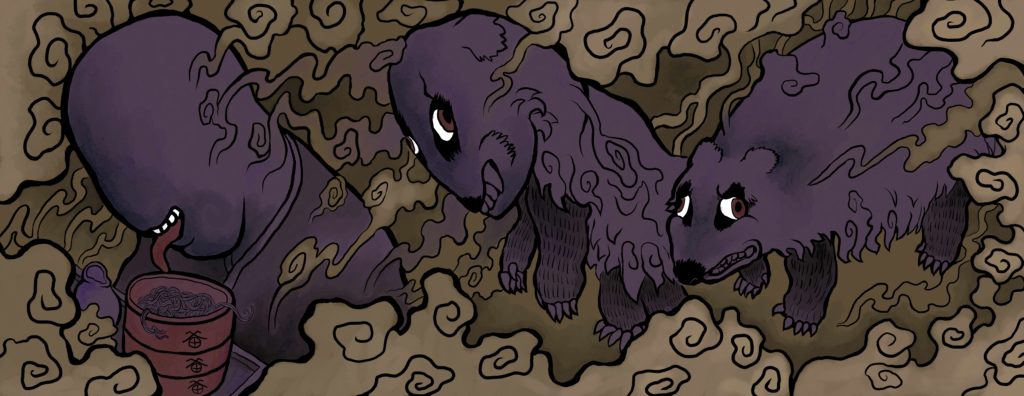 出雲大社まえの蕎麦屋田中屋様とヨハクの怪談コラボレーションのそばパッケージと手ぬぐい用のむじなイラスト