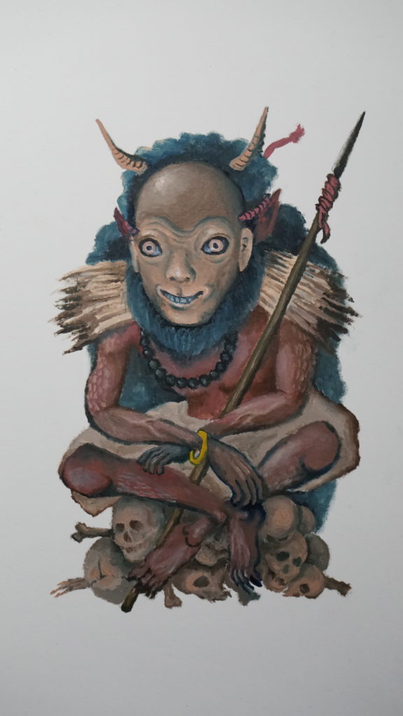 妖怪画家ヨハクが油絵で描いた妖怪忍者シリーズの不思議な力を使う猿面の妖怪忍者の絵