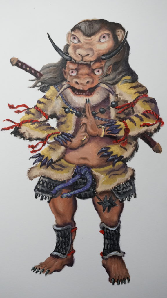 妖怪画家ヨハクが油絵で描いた妖怪忍者シリーズの雷系の力を使う鵺の毛皮を着た鬼の妖怪忍者の絵