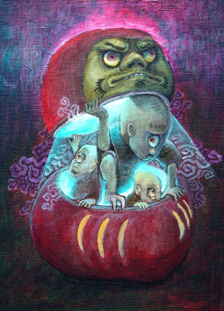 妖怪画家ヨハクがアクリル絵具で描いた達磨型の宇宙船にのって侵略しにきた一つ目小僧たちのイラスト