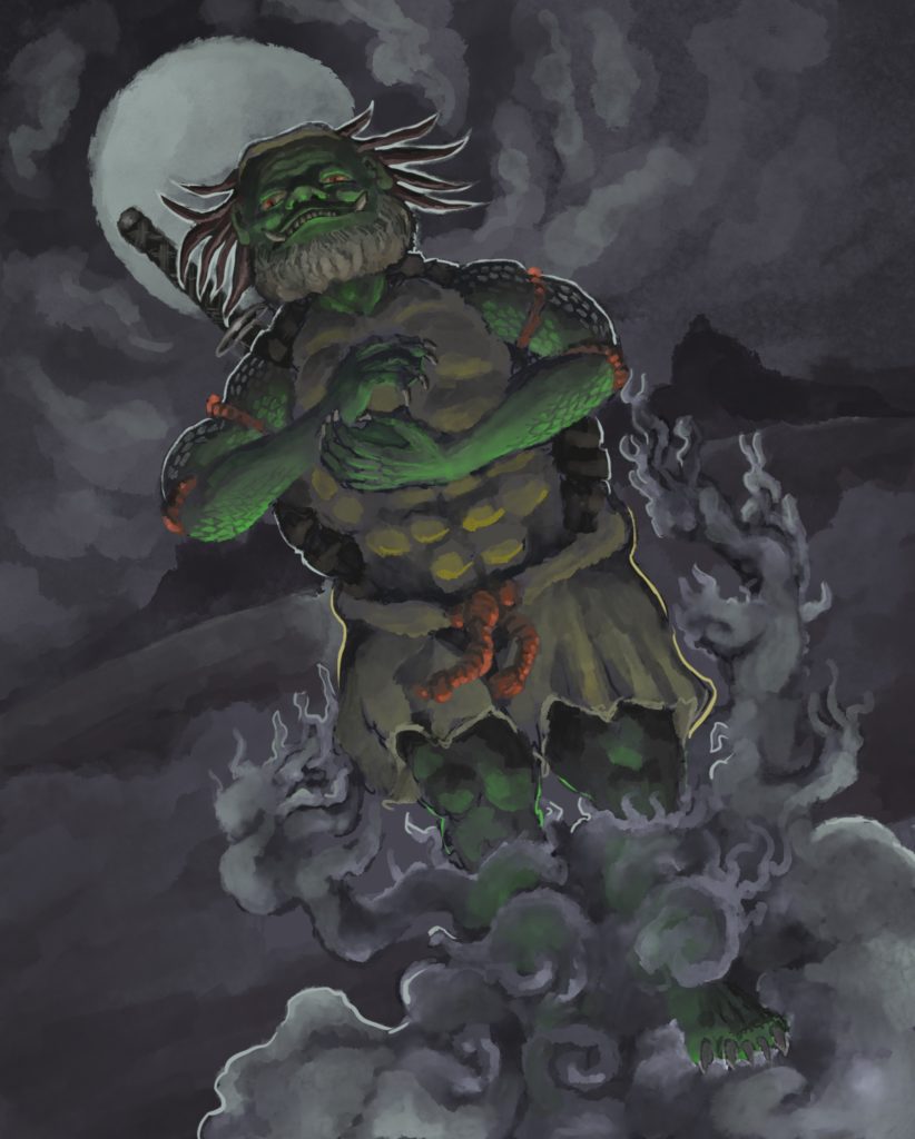 妖怪画家ヨハクがデジタルで描いた妖怪忍者シリーズの水系の力を使う河童の妖怪忍者の絵