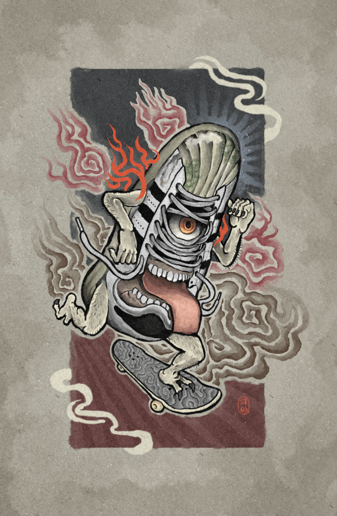 妖怪画家ヨハクがデジタルで描いた化けスーパースターがスケートボードをしているイラスト