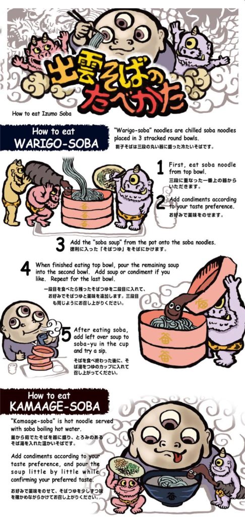 妖怪画家ヨハクが出雲大社前の老舗蕎麦屋”田中屋”様のパンフレット用イラストを制作しました。