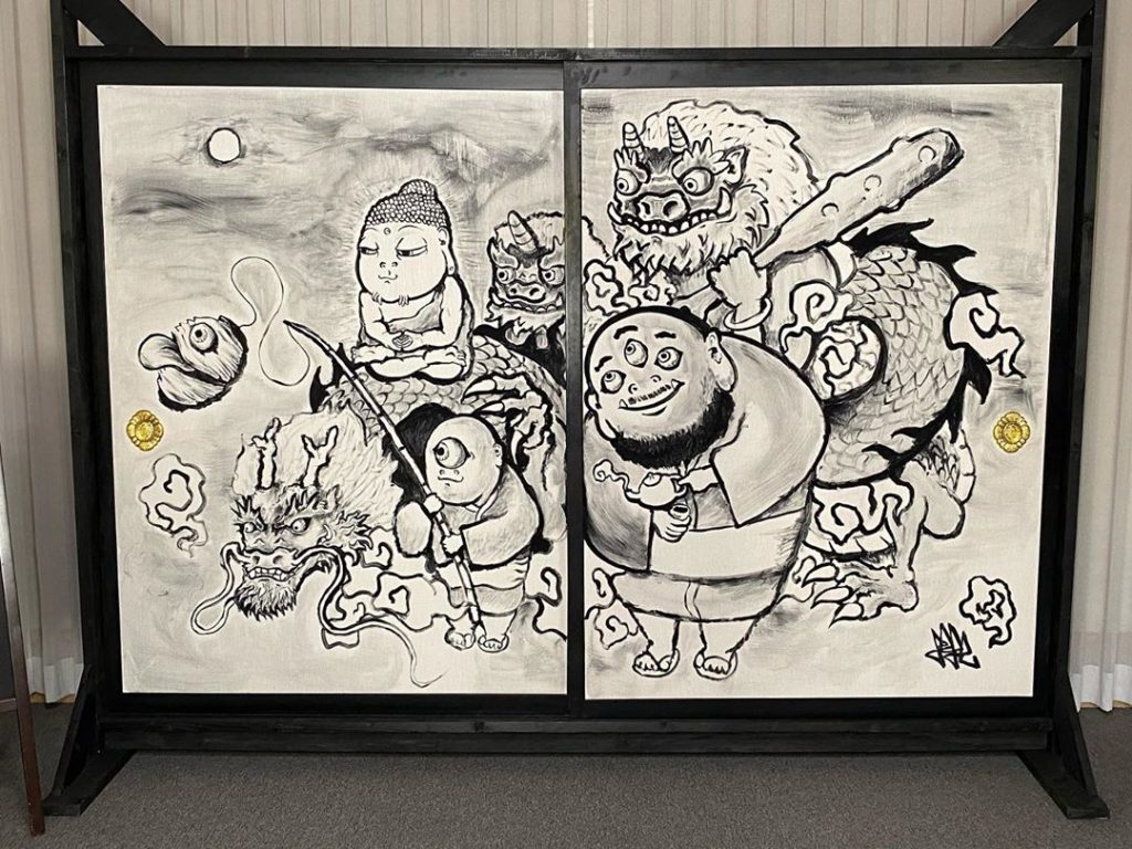 妖怪画家ヨハクが川越の最明寺に奉納した百鬼夜行をする妖怪の襖絵