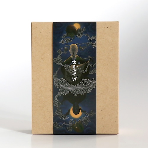 ヨハクと出雲の田中屋様とのコラボそばパッケージ。耳なし芳一のイラストが印刷されている。