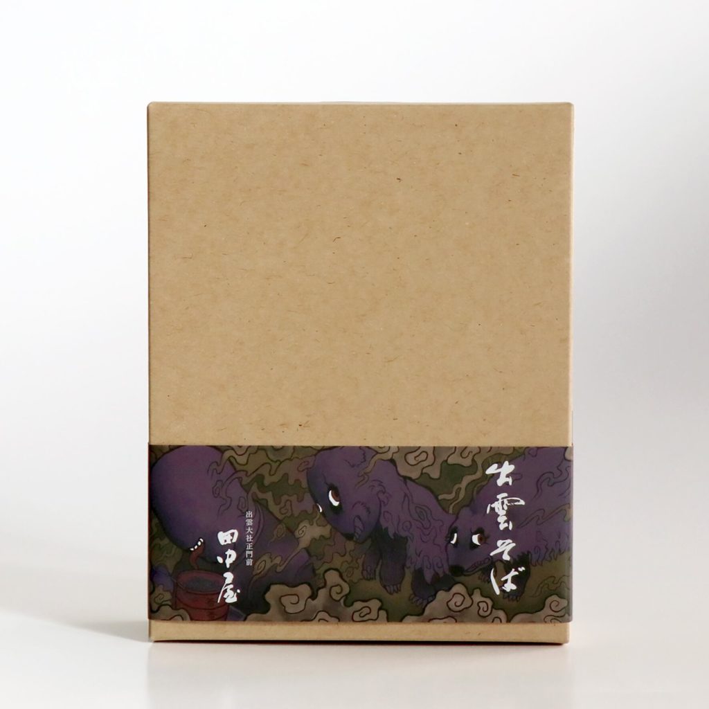 出雲大社まえの蕎麦屋田中屋様とヨハクの怪談コラボレーションのそばパッケージと手ぬぐい用のむじなイラスト