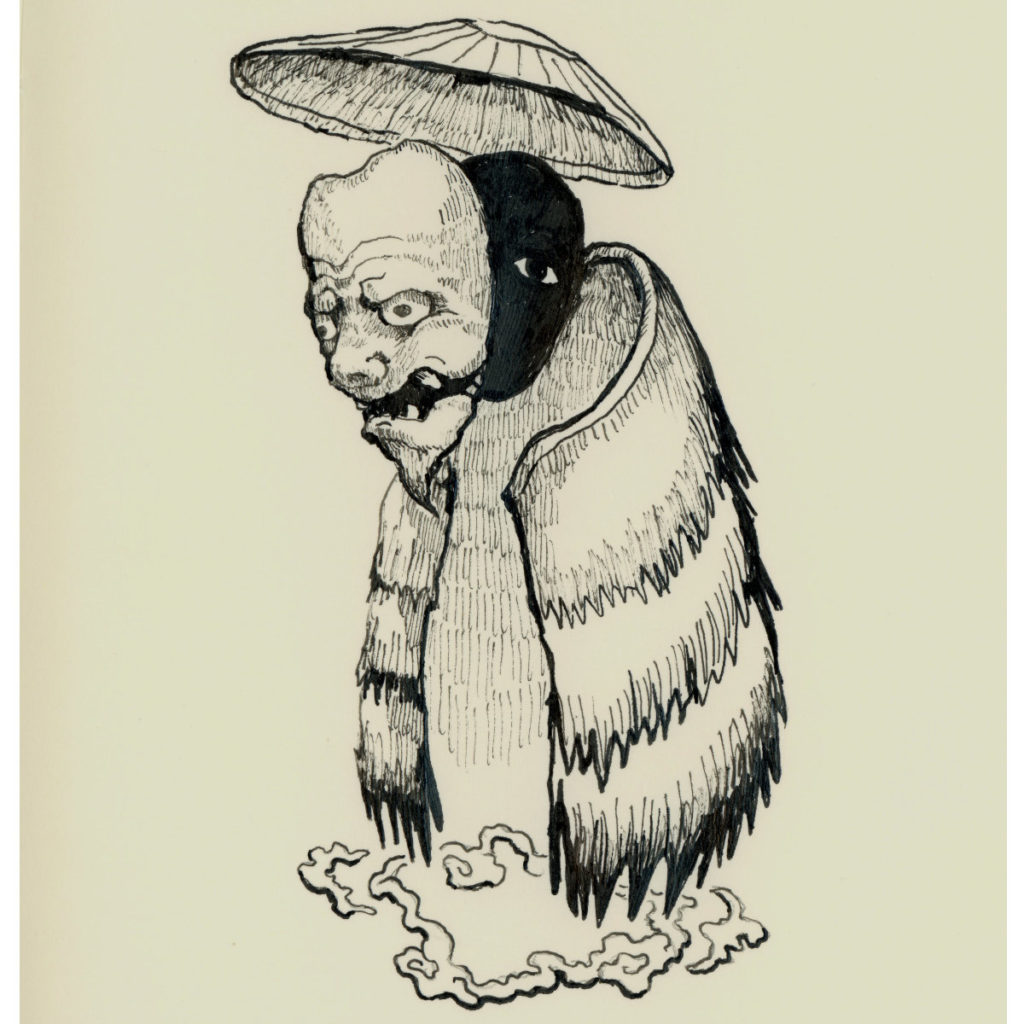 妖怪画家ヨハクが万年筆で描いた仮面をつけて蓑と笠をかぶった妖怪の線画イラスト