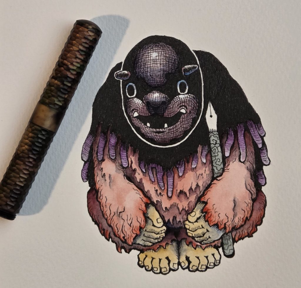 妖怪画家ヨハクが万年筆と水彩で描いた黒い鬼のような面をつけて万年筆を持っている妖怪イラスト