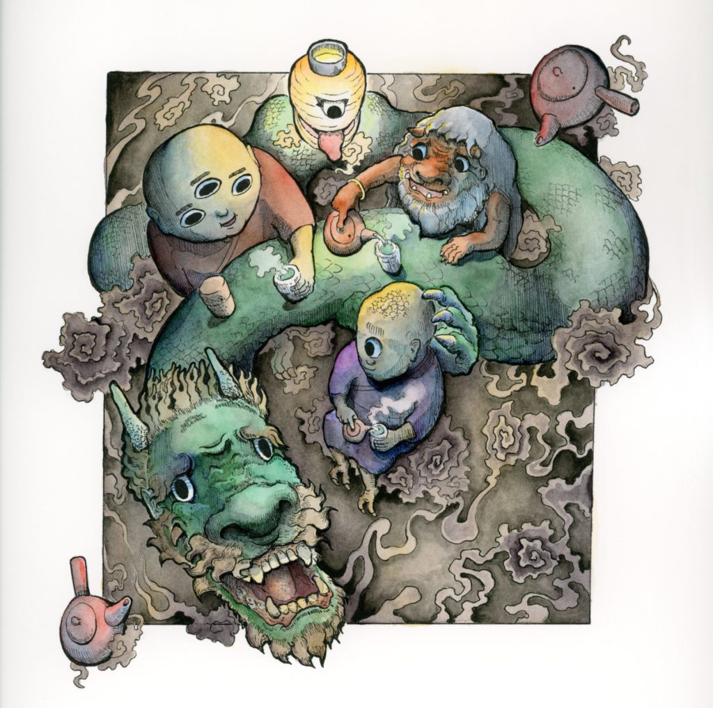 洋伯が万年筆と透明水彩で描いた龍の胴体をテーブルにして妖怪がお茶を飲んでいる絵