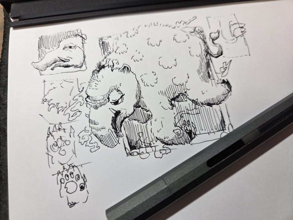 洋伯がボールペンで描いた妖怪獏のイラストスケッチとボールペンの写真