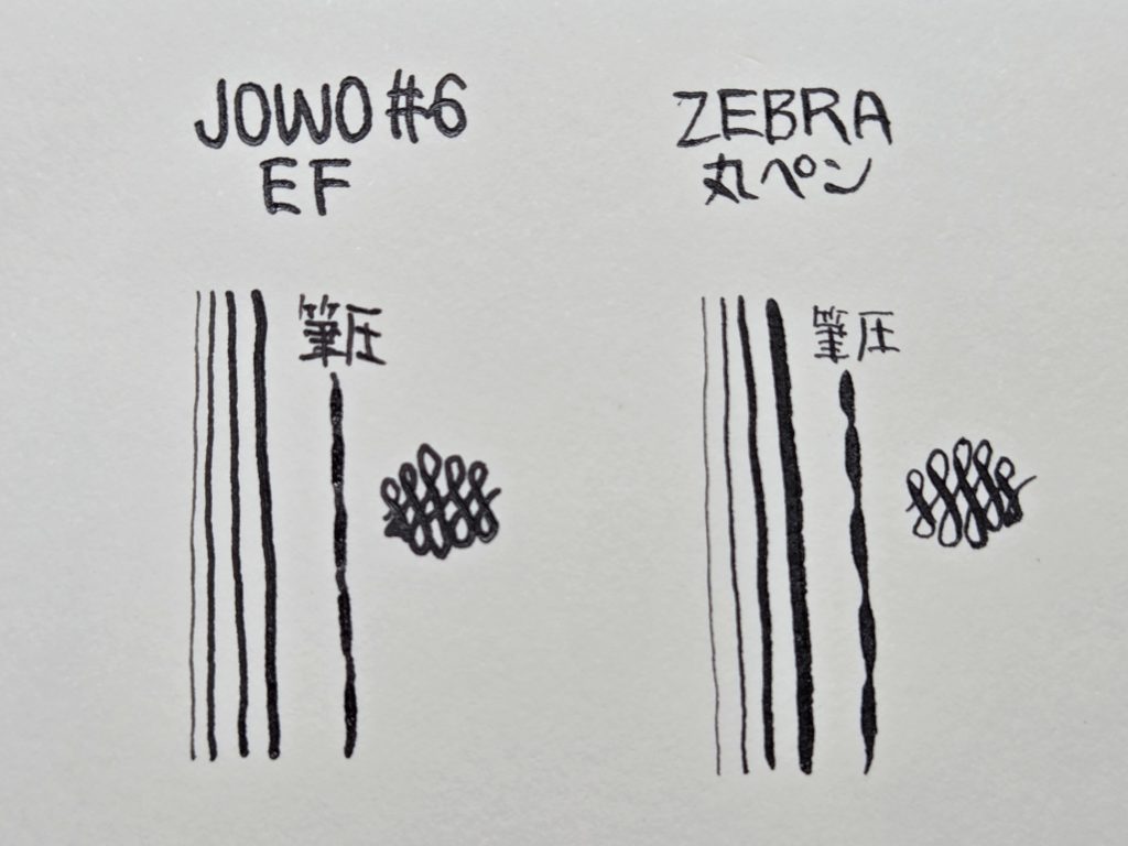 万年筆と丸ペンの線の違いについて実際に描いて比べた写真