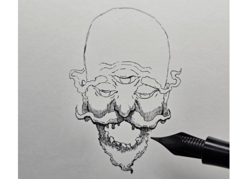 万年筆で描き始めた妖怪海の怪のイラストの影を描いていく