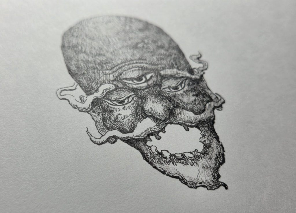 万年筆で描き始めた妖怪海の怪のイラストを斜めから見てインクのテカりを見ている