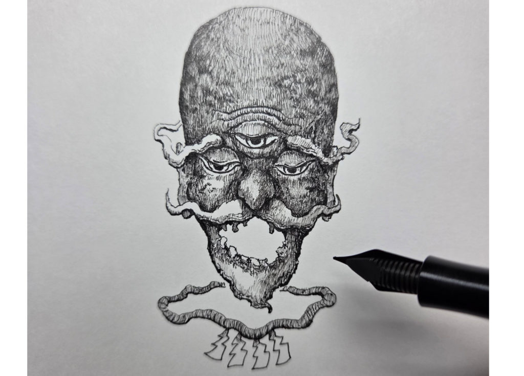 万年筆で描き始めた妖怪海の怪のイラストの下にしめ縄を描いて紙垂をいれていく