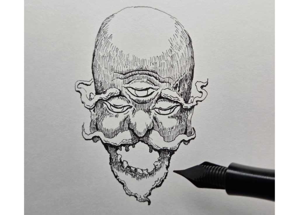 万年筆で描き始めた妖怪海の怪のイラストの影を描いていく